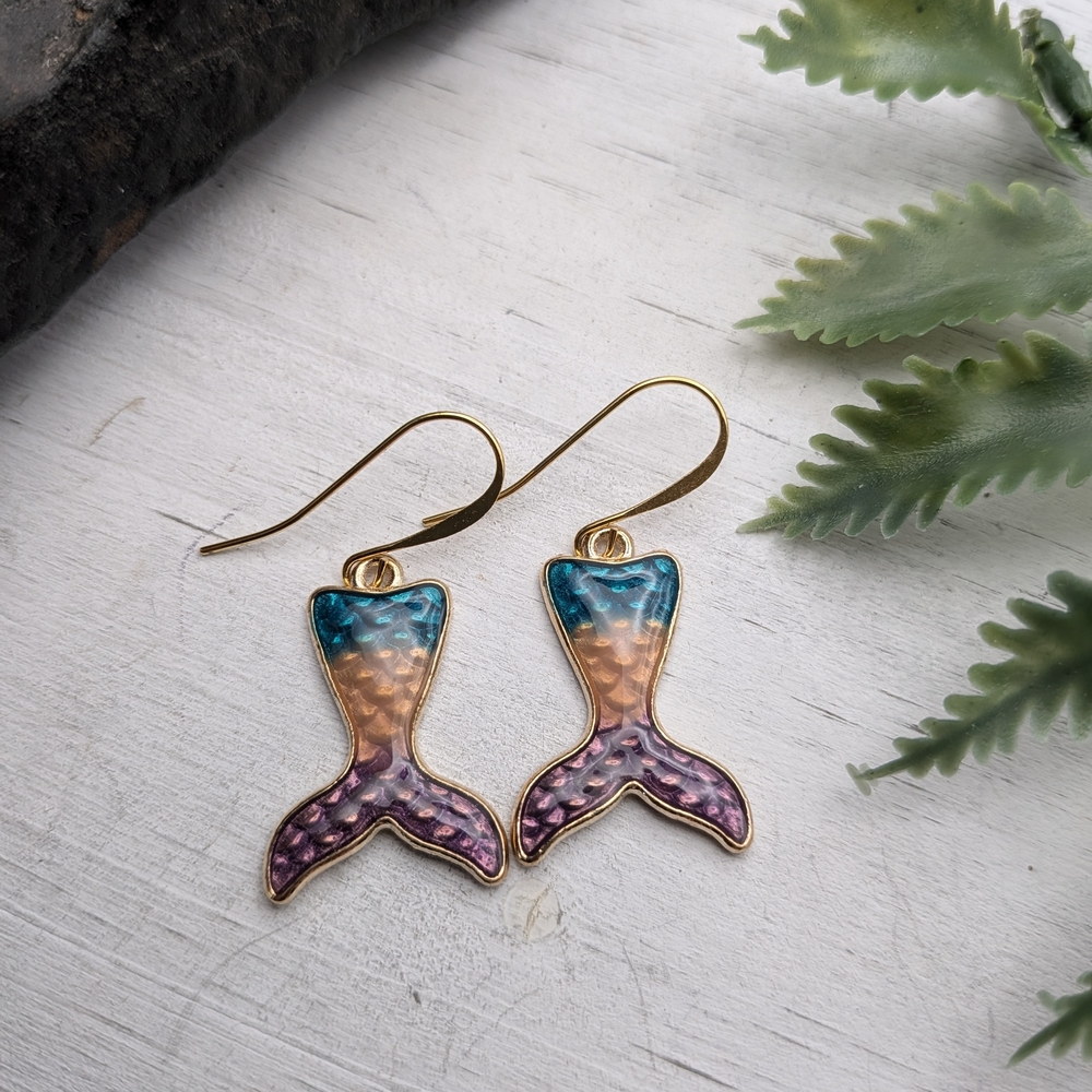 Mermaid Tail Dangle Earrings — Teal, Peach & Purple